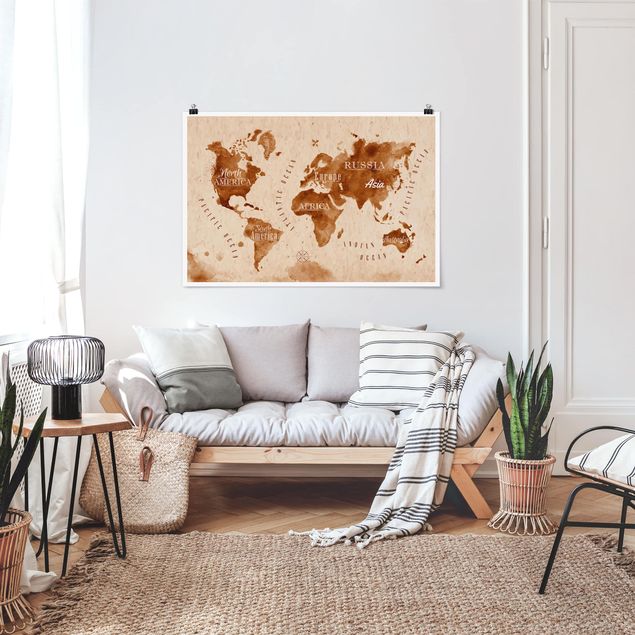 quadro mapa mundo World Map Watercolour Beige Brown