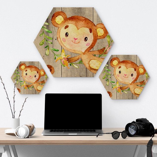 Quadros hexagonais Watercolor Monkey On Wood