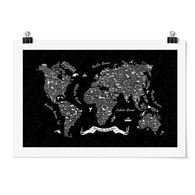 quadro mapa mundo Typography World Map Black