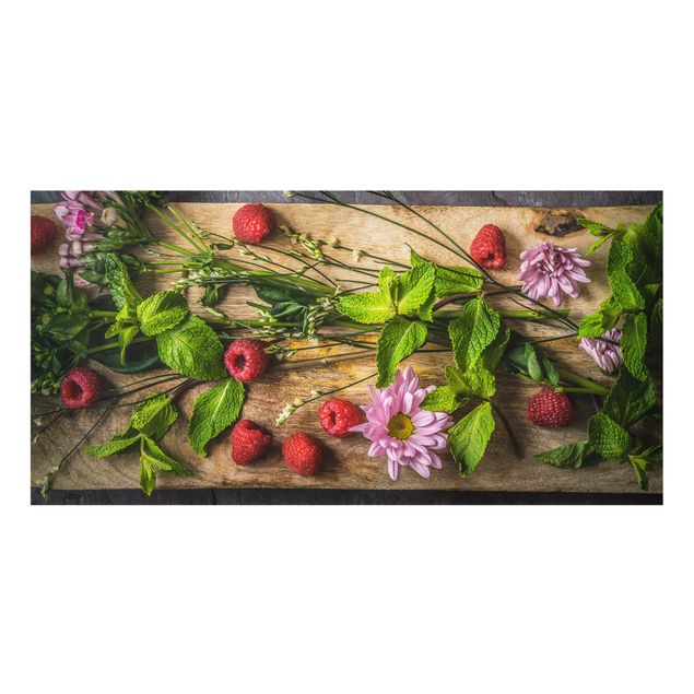 Painel anti-salpicos de cozinha imitação madeira Flowers Raspberry Mint