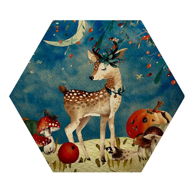 quadros azuis Watercolor Deer In The Moonlight