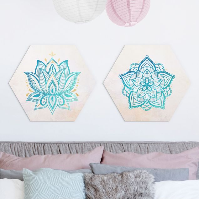 decoraçao para parede de cozinha Mandala Lotus Set Gold Blue