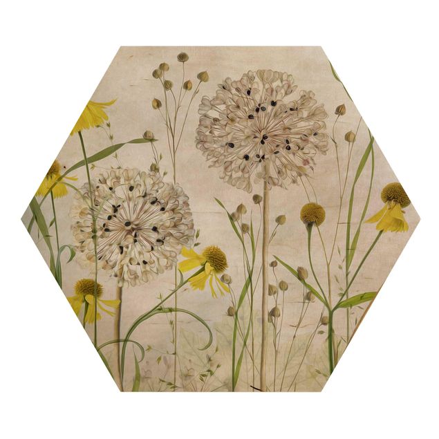 quadro de madeira para parede Allium And Helenium Illustration