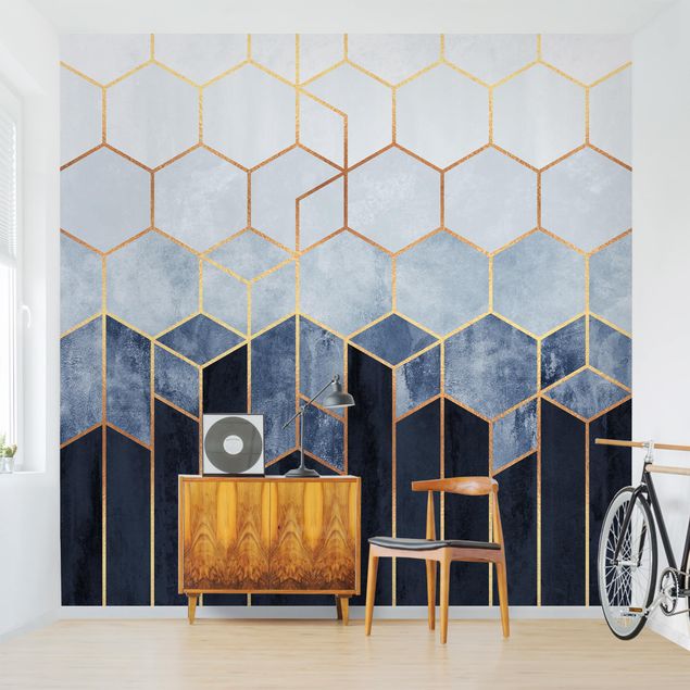 Papel de parede azul Golden Hexagons Blue White