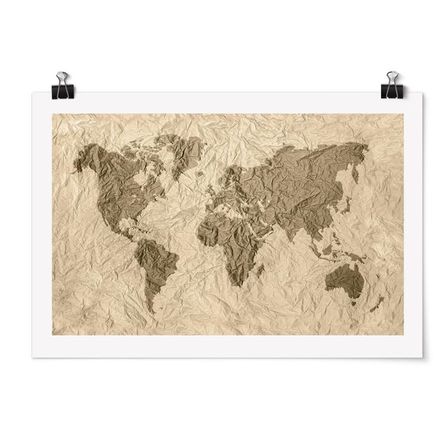 Quadros modernos Paper World Map Beige Brown