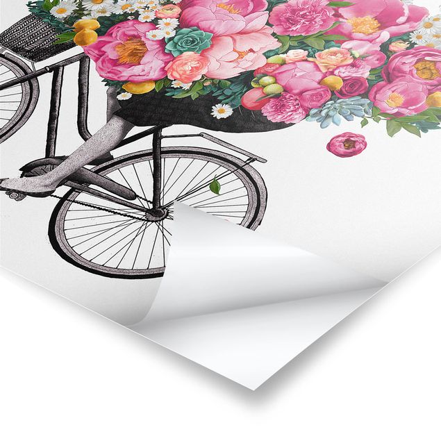 decoração quadros Illustration Woman On Bicycle Collage Colourful Flowers