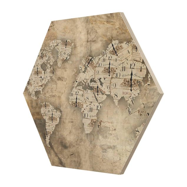 Quadros hexagonais Shabby Clocks World Map