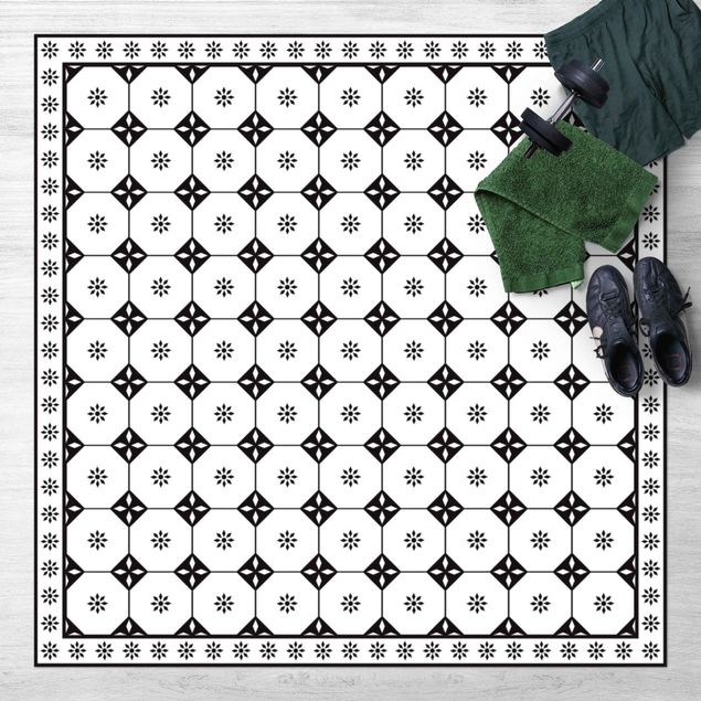 tapetes de exterior Geometrical Tiles Cottage Black And White With Border