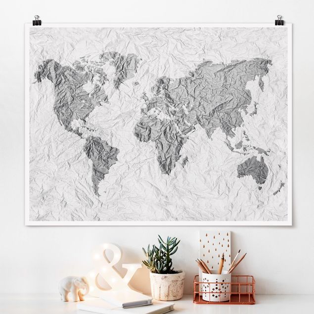 decoraçoes cozinha Paper World Map White Grey