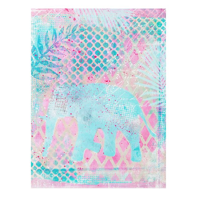 Quadros elefantes Colourful Collage - Elephant In Blue And Pink