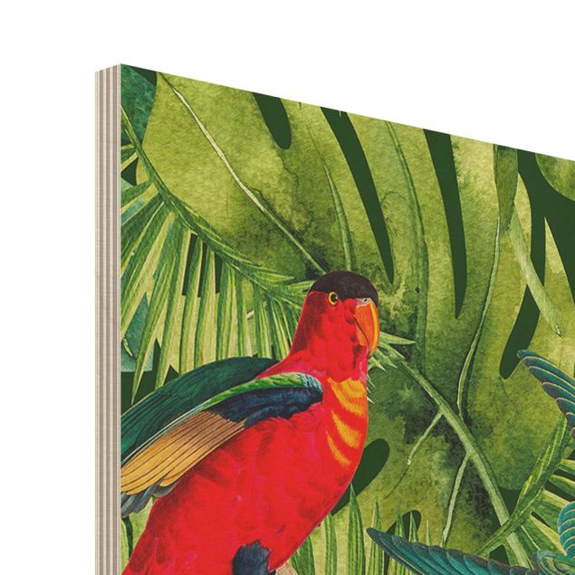 quadro de madeira para parede Colourful Collage - Parrots In The Jungle