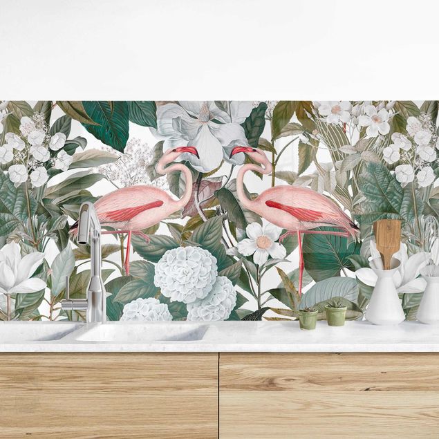 decoraçao para parede de cozinha Pink Flamingos With Leaves And White Flowers