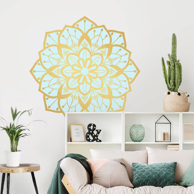 decoraçao para parede de cozinha Mandala Flower Pattern Gold Light Blue