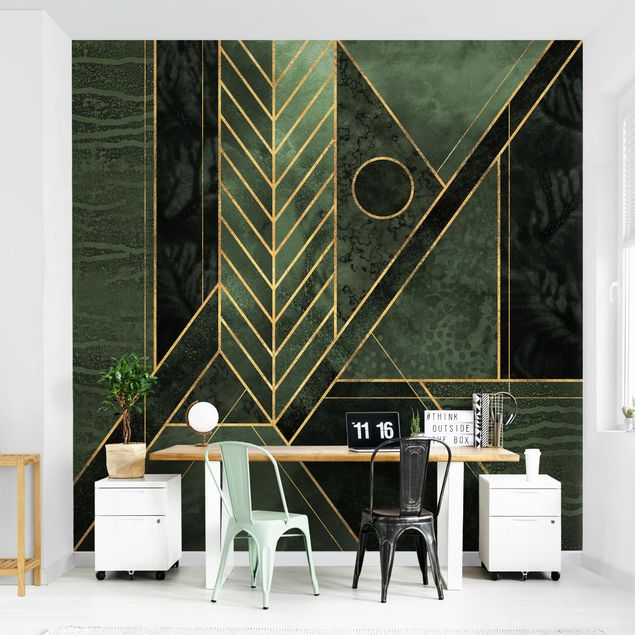 papel de parede moderno para sala Geometric Shapes Emerald Gold