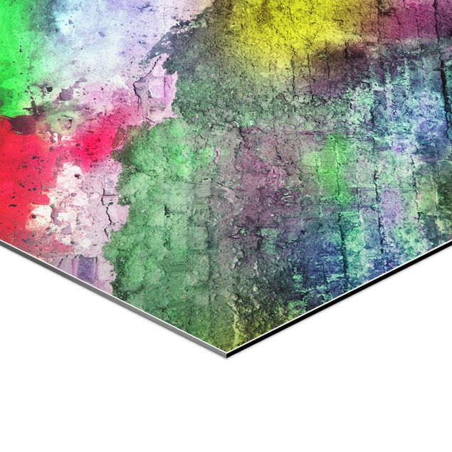 Quadros hexagonais Colourful Sprayed Old Brick Wall