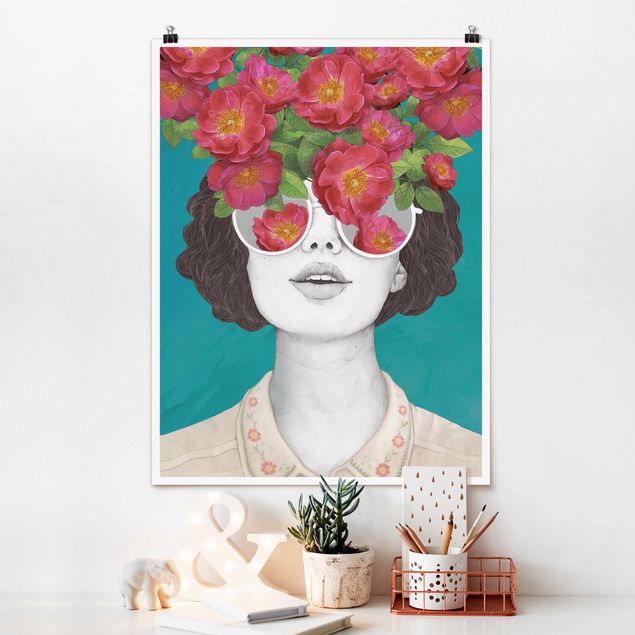 Posters quadros famosos Illustration Portrait Woman Collage With Flowers Glasses