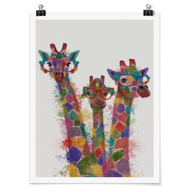 quadros decorativos para sala modernos Rainbow Splash Giraffe Trio