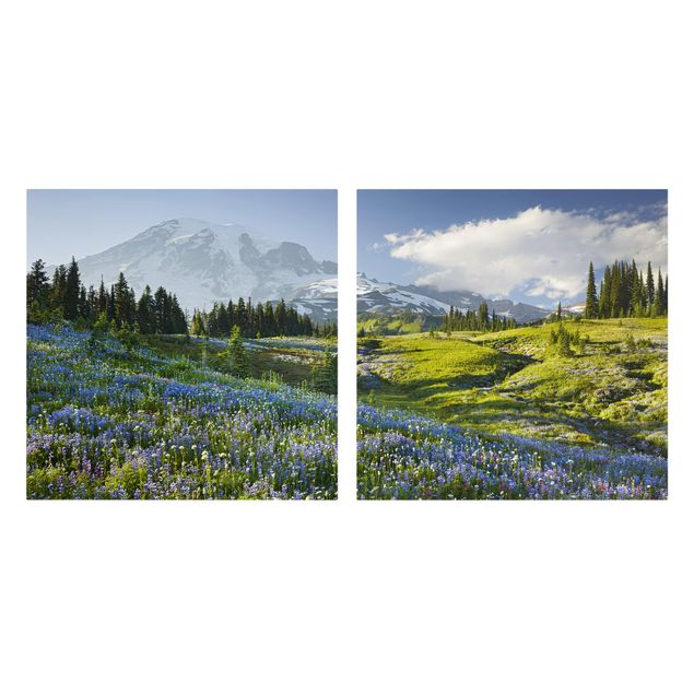 quadro com paisagens Mountain Meadow With Blue Flowers in Front of Mt. Rainier