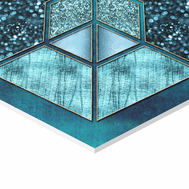 Quadros decorativos Blue Hexagon With Gold Outline