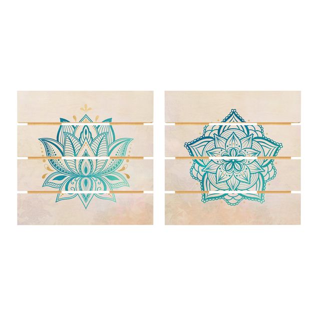 Quadros em madeira 2 partes Mandala Hamsa Hand Lotus Set Gold Blue