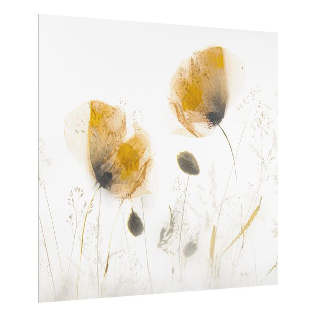 Painel antisalpicos Poppy Flowers And Delicate Grasses In Soft Fog