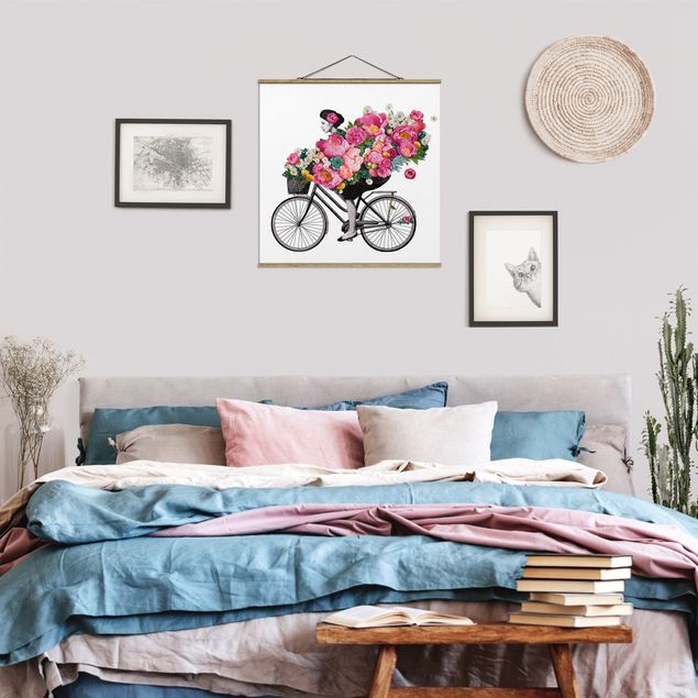 Quadros florais Illustration Woman On Bicycle Collage Colourful Flowers