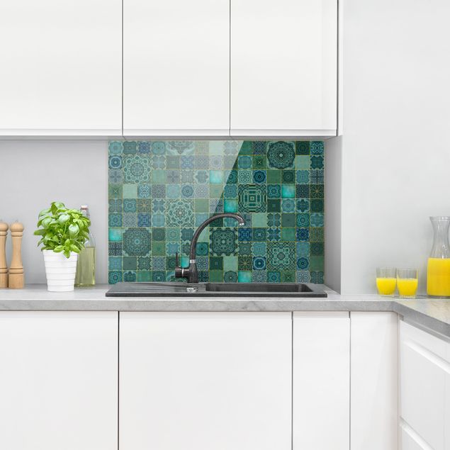 Painel anti-salpicos de cozinha padrões Art Deco Tiles Green Marble With Golden Shimmer