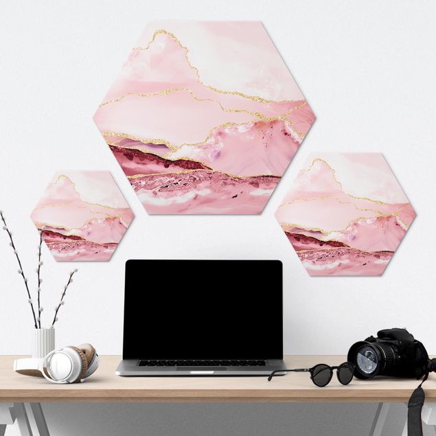 Quadros decorativos Abstract Mountains Pink With Golden Lines