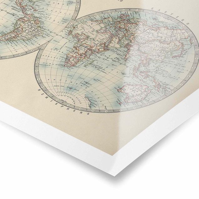 poster decoração Vintage World Map The Two Hemispheres