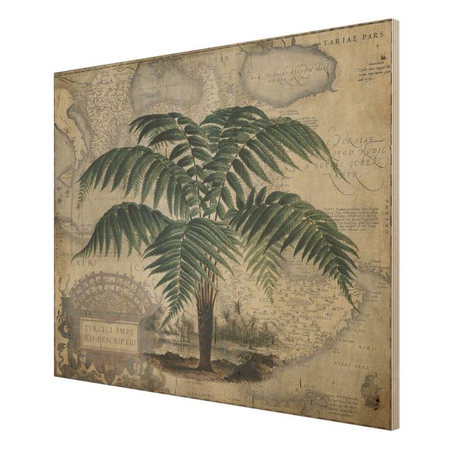 Quadros em madeira paisagens Vintage Collage - Palm And World Map