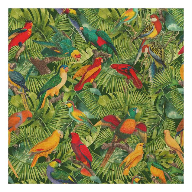 Quadros em madeira flores Colourful Collage - Parrots In The Jungle