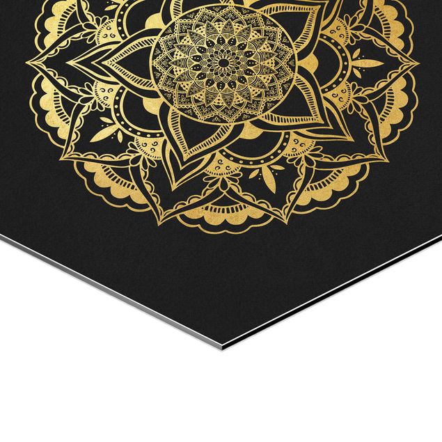 Quadros hexagonais Mandala Flower Sun Illustration Set Black Gold