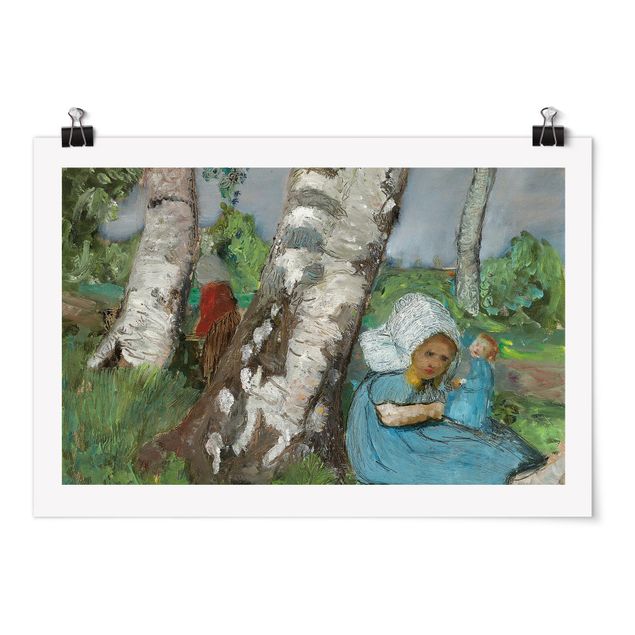Quadros árvores Paula Modersohn-Becker - Child with Doll Sitting on a Birch Trunk