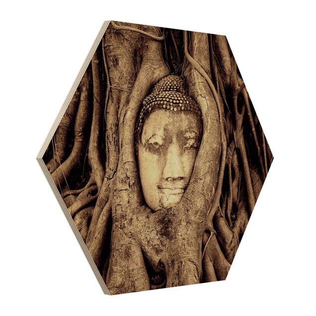 Quadros em madeira vintage Buddha In Ayutthaya Lined From Tree Roots In Brown
