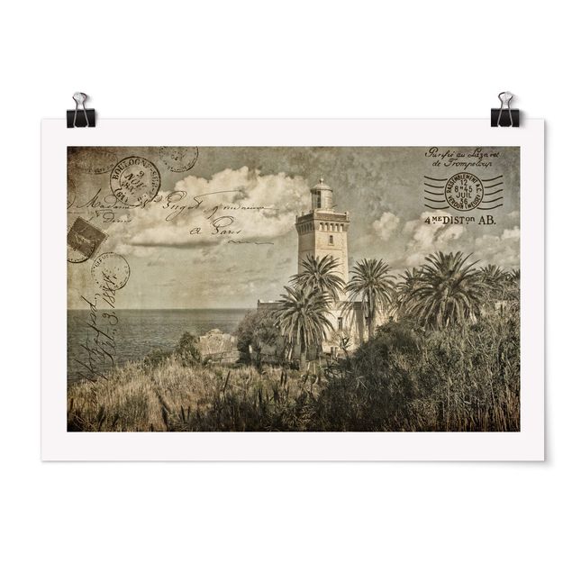 quadro decorativo mar Vintage Postcard With Lighthouse And Palm Trees
