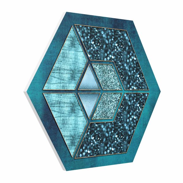 Quadros modernos Blue Hexagon With Gold Outline
