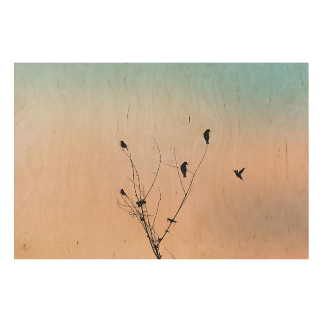 Quadros em madeira paisagens Birds In Front Of Rose Sun II