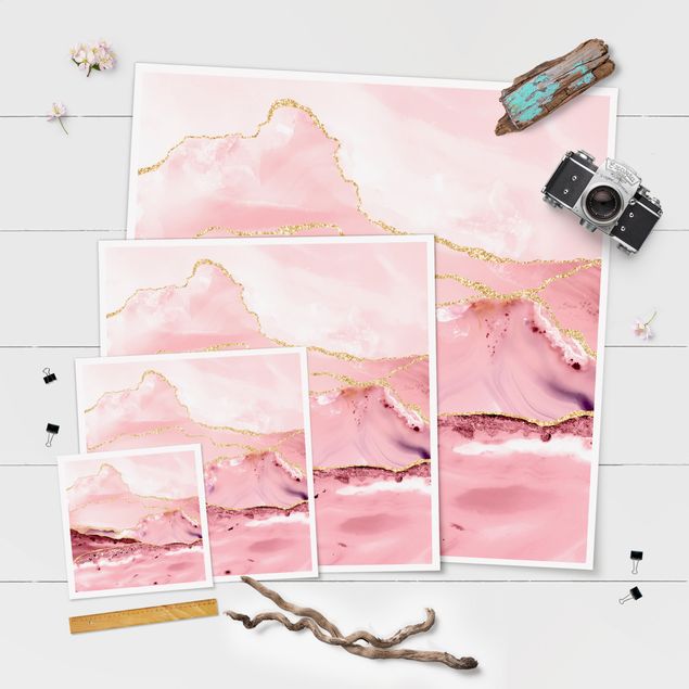 quadros para parede Abstract Mountains Pink With Golden Lines