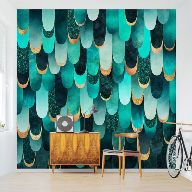 papel de parede moderno Feathers Gold Turquoise