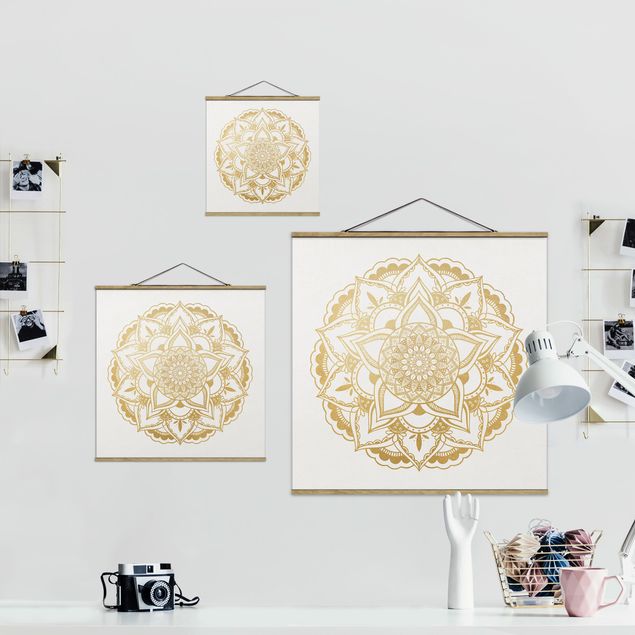 quadro com tecido Mandala Flower Gold White