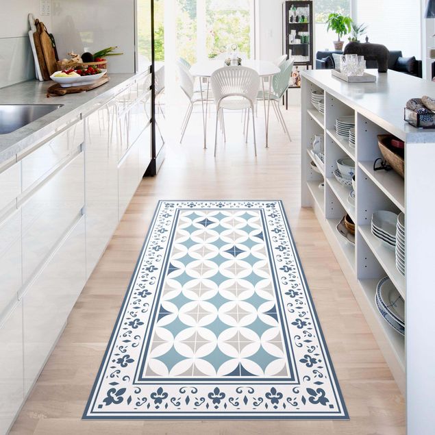 decoraçao cozinha Geometrical Tiles Circular Flowers Dark Blue With Border
