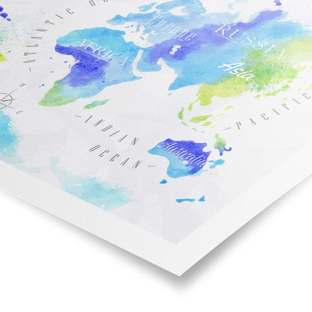 quadros azuis World Map Watercolour Blue Green