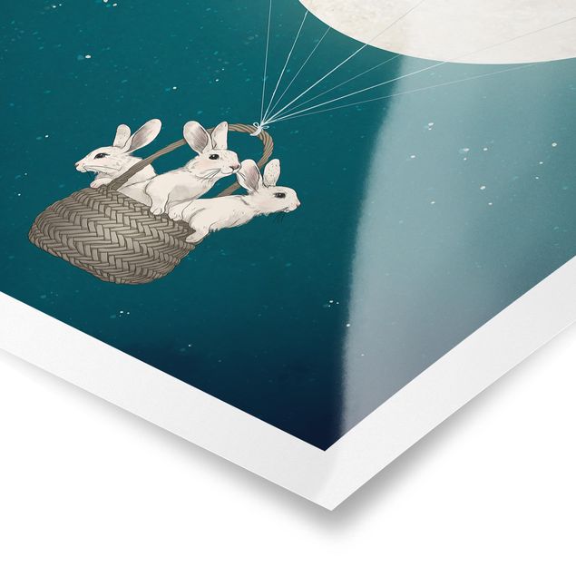 Quadros de Laura Graves Art Illustration Rabbits Moon As Hot-Air Balloon Starry Sky