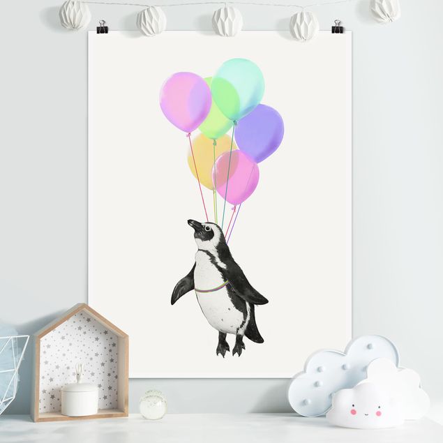 Posters quadros famosos Illustration Penguin Pastel Balloons