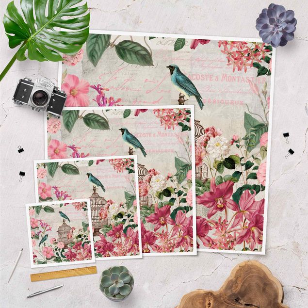 decoração quadros Shabby Chic Collage - Pink Flowers And Blue Birds
