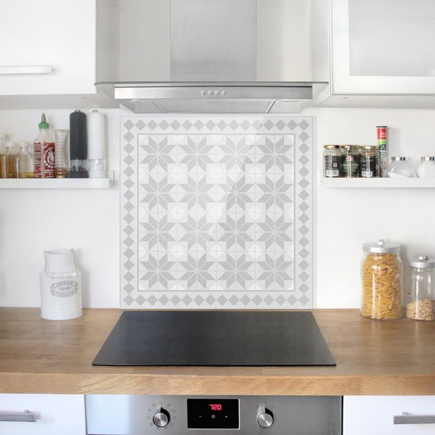 Painel anti-salpicos de cozinha padrões Geometrical Tiles Star Flower Grey With Border