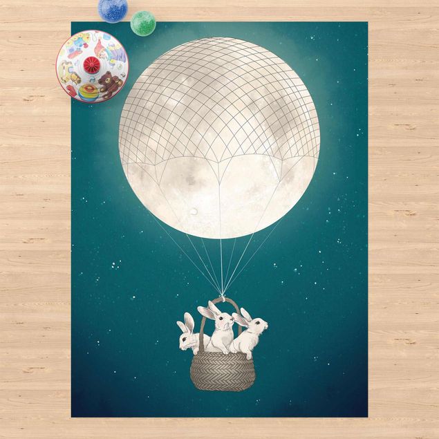 Tapetes exteriores Illustration Rabbits Moon As Hot-Air Balloon Starry Sky