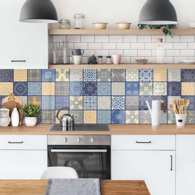 Painel antisalpicos Sunny Mediterranian Tiles With Blue Joints