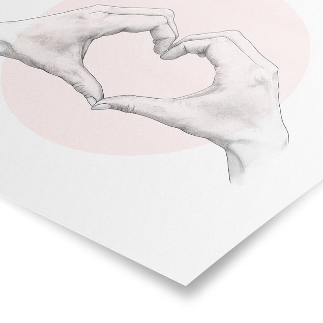 Quadros rosas Illustration Heart Hands Circle Pink White