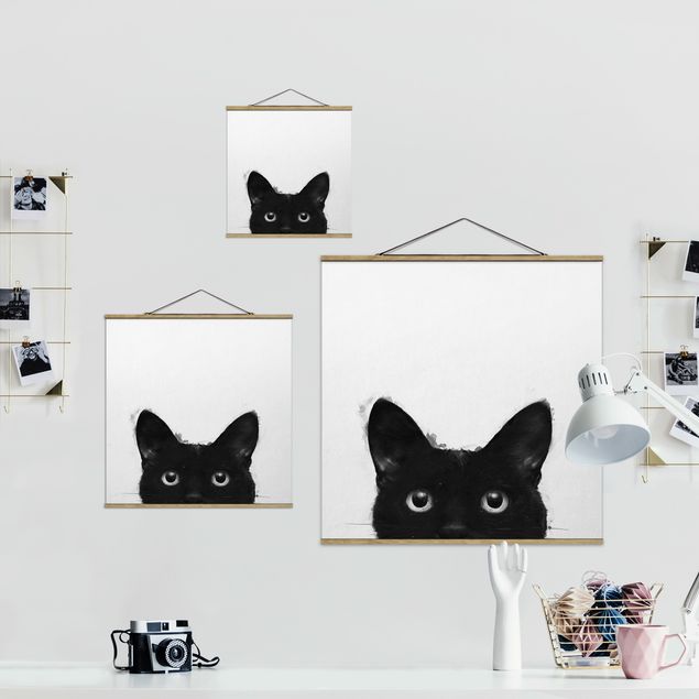 Quadros pretos Illustration Black Cat On White Painting